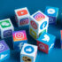 A series of building. blocks show social media logos.